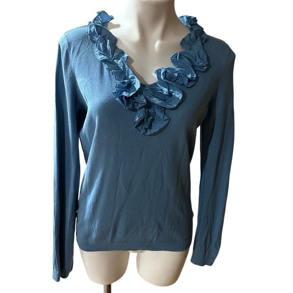 Talbots Silk Cotton Blend Ruffle Neck V Neck Sweater Top Blouse Women - Picture 1 of 8